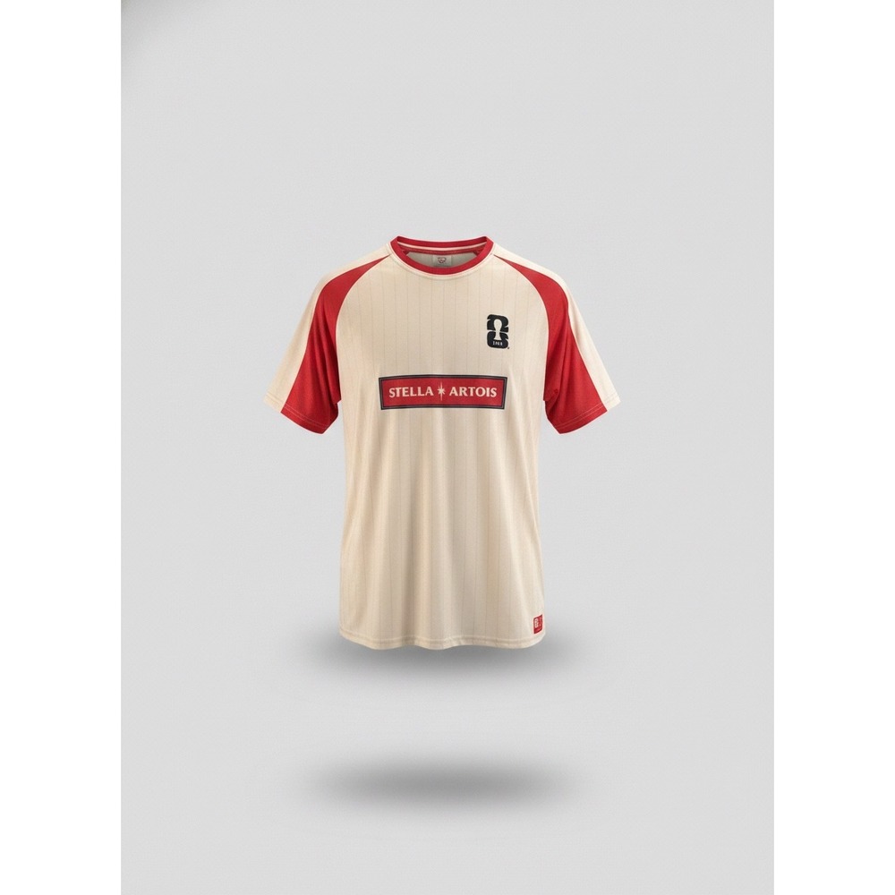 Stella Artois FIFA World Cup 2026 Soccer Jersey Mens XL Cream Red Pinstripe
